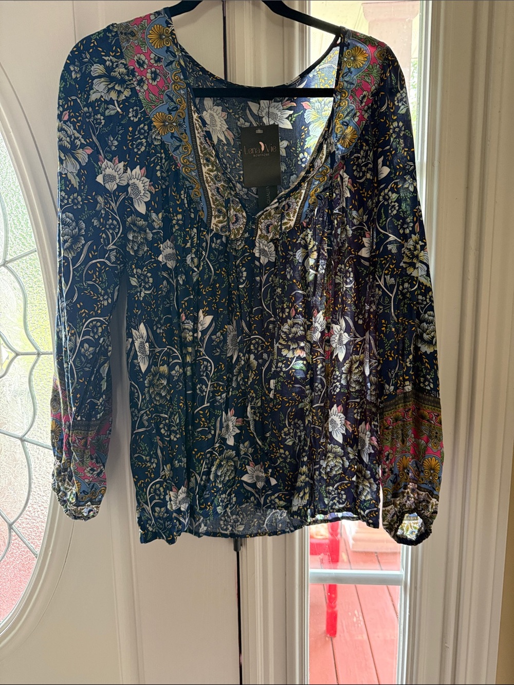 Zanzea Navy Floral V-Neck Blouse with Pink & Gold Accents